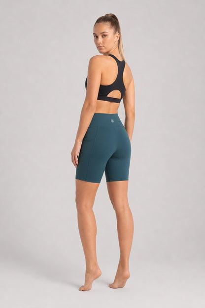 New York Laundry Women's 7-Inch High-Waisted Biker Shorts with Side Pockets, Teal / Dark Green