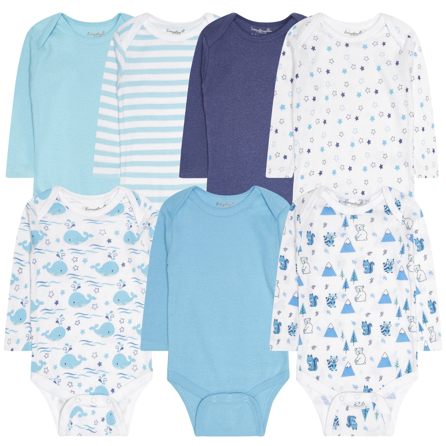 Everyday Kids 7 Pack Blue Long Sleeve Baby Bodysuits for Boys