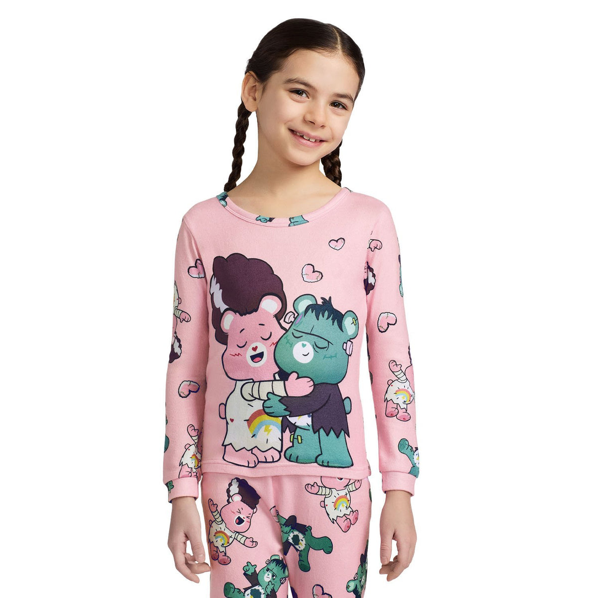 Care Bears Toddler Girls Pink Long Sleeve Pajama Set with Frankenstein and Bride Bear Print Top and Jogger Pants