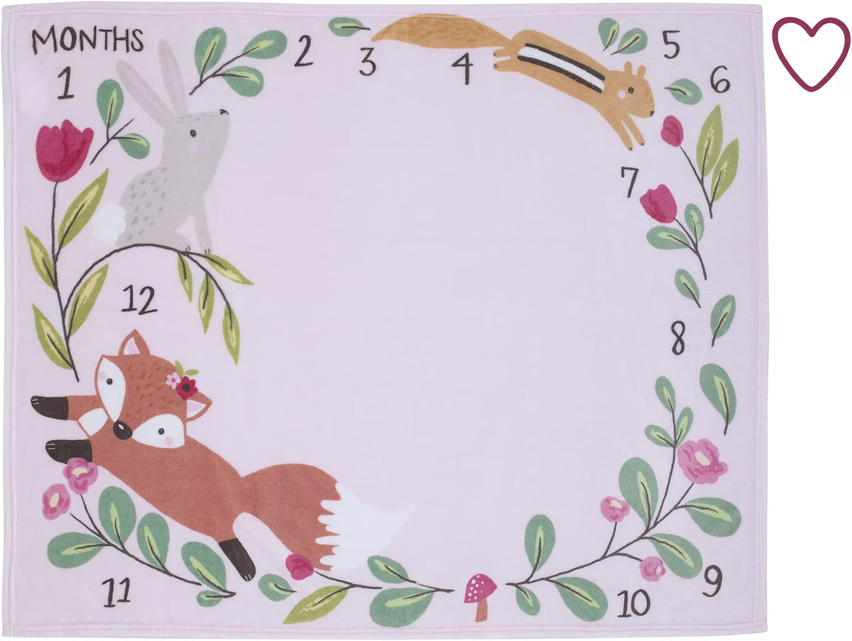 NoJo Pink Woodland Animals Baby Monthly Milestone Blanket Set with Heart Marker, 30x40 Soft Fleece Nursery Backdrop, Pink