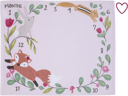 NoJo Pink Woodland Animals Baby Monthly Milestone Blanket Set with Heart Marker, 30x40 Soft Fleece Nursery Backdrop, Pink