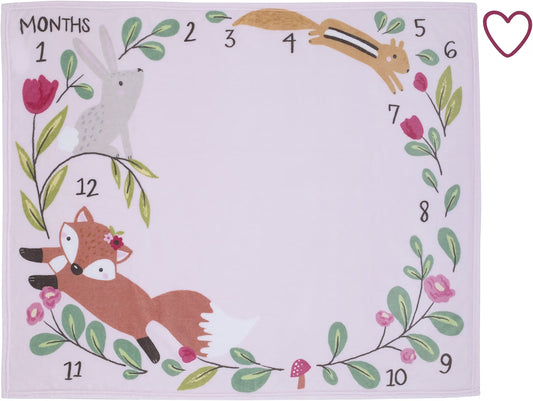 NoJo Pink Woodland Animals Baby Monthly Milestone Blanket Set with Heart Marker, 30x40 Soft Fleece Nursery Backdrop, Pink
