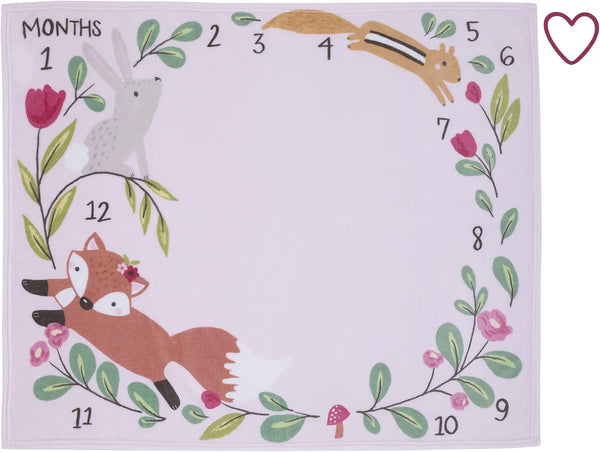 NoJo Pink Woodland Animals Baby Monthly Milestone Blanket Set with Heart Marker, 30x40 Soft Fleece Nursery Bac