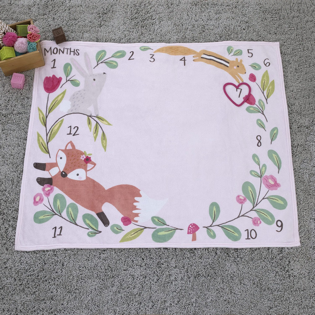 NoJo Pink Woodland Animals Baby Monthly Milestone Blanket Set with Heart Marker, 30x40 Soft Fleece Nursery Backdrop, Pink
