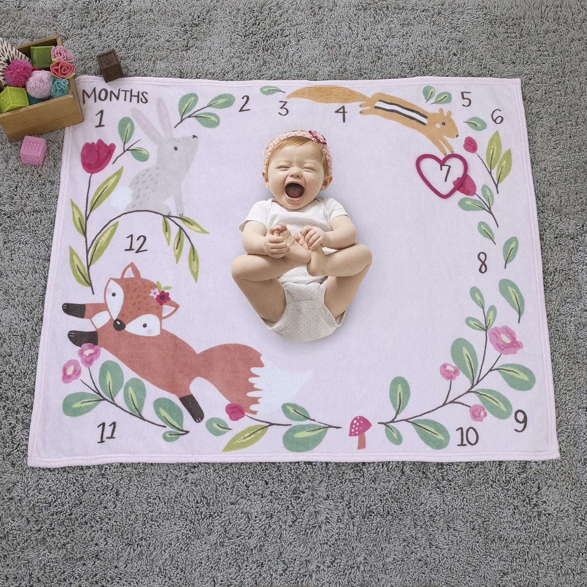 NoJo Pink Woodland Animals Baby Monthly Milestone Blanket Set with Heart Marker, 30x40 Soft Fleece Nursery Backdrop, Pink