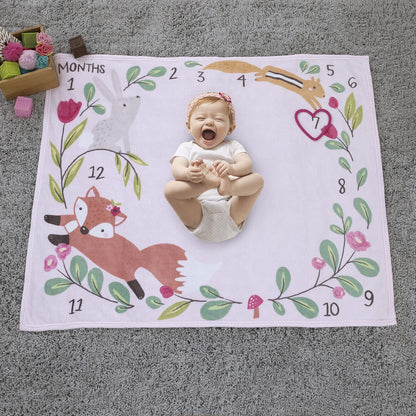 NoJo Pink Woodland Animals Baby Monthly Milestone Blanket Set with Heart Marker, 30x40 Soft Fleece Nursery Backdrop, Pink