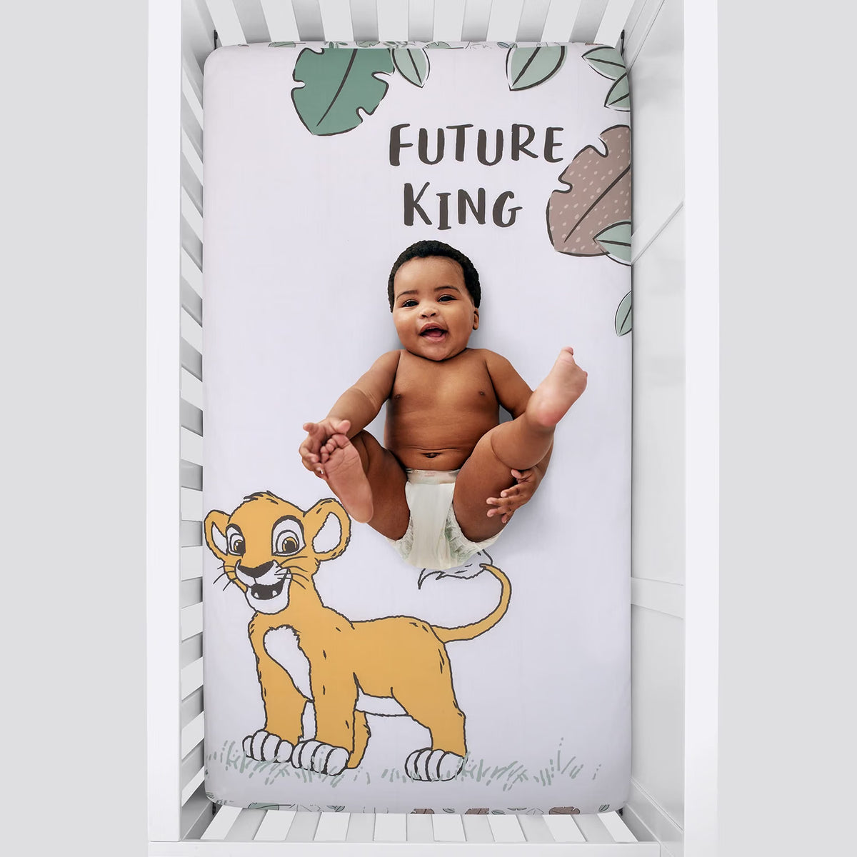 Disney The Lion King Simba "Future King" Photo Op Fitted Crib Sheet, White and Sage Green