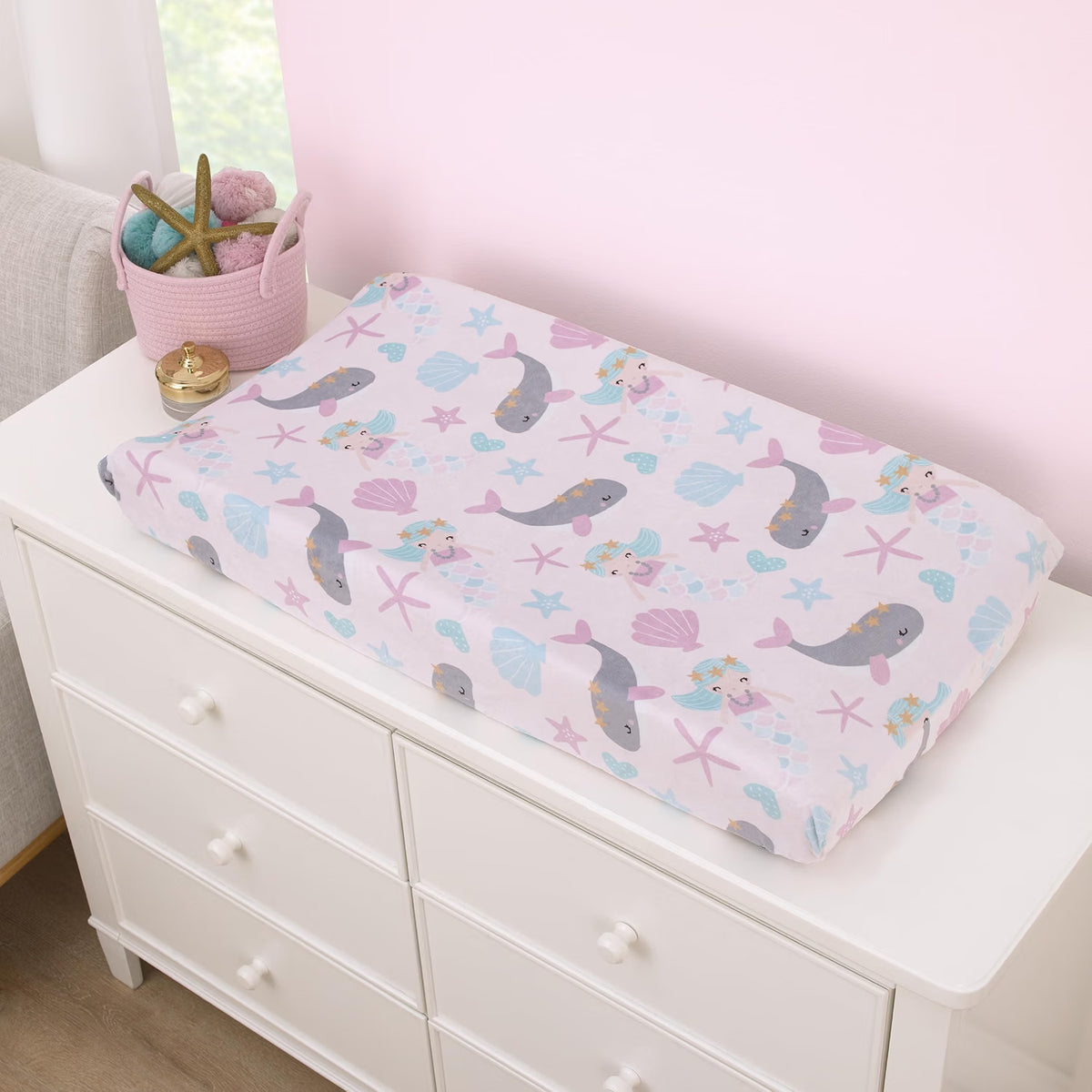 Under the Sea Mermaid & Whale Baby Changing Pad Cover, Fitted Plush Nursery Cover, Pink