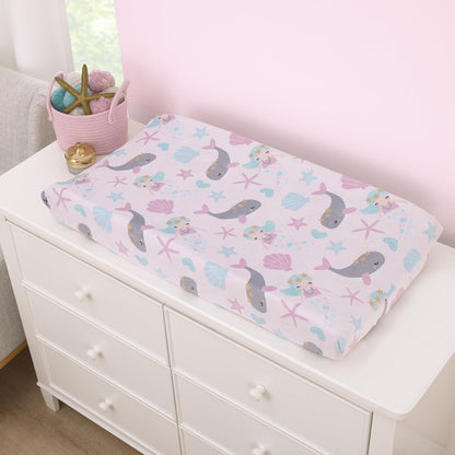 Under the Sea Mermaid & Whale Baby Changing Pad Cover, Fitted Plush Nursery Cover, Pink