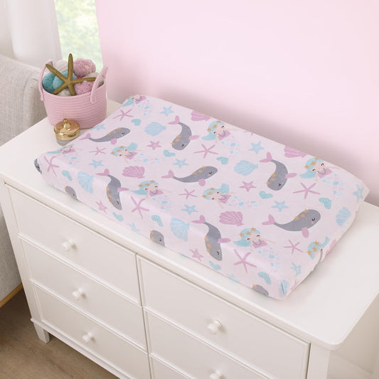 Under the Sea Mermaid & Whale Baby Changing Pad Cover, Fitted Plush Nursery Cover, Pink