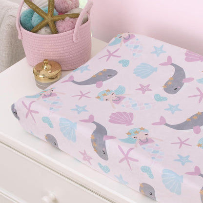 Under the Sea Mermaid & Whale Baby Changing Pad Cover, Fitted Plush Nursery Cover, Pink