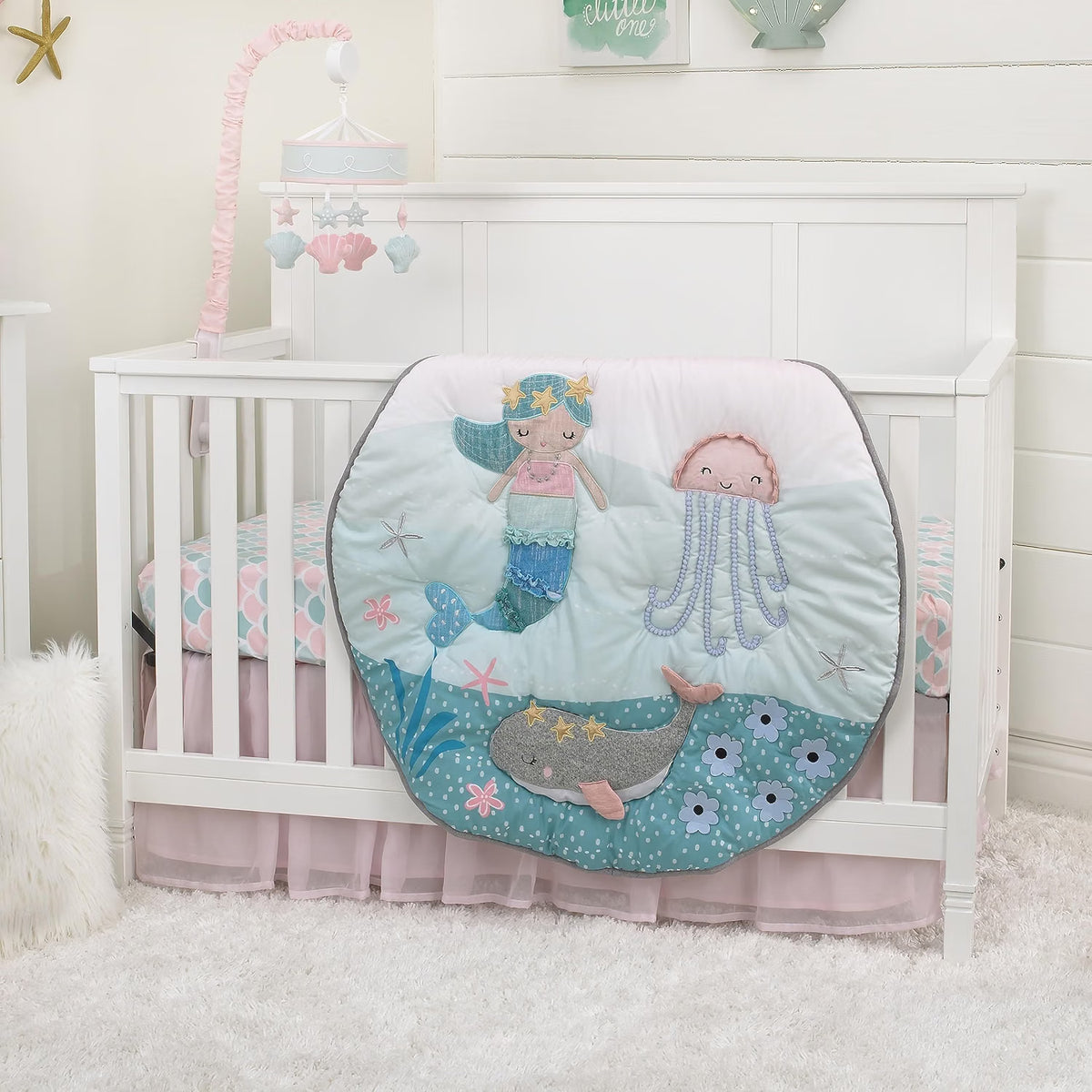 Under the Sea Mermaid & Whale Baby Changing Pad Cover, Fitted Plush Nursery Cover, Pink