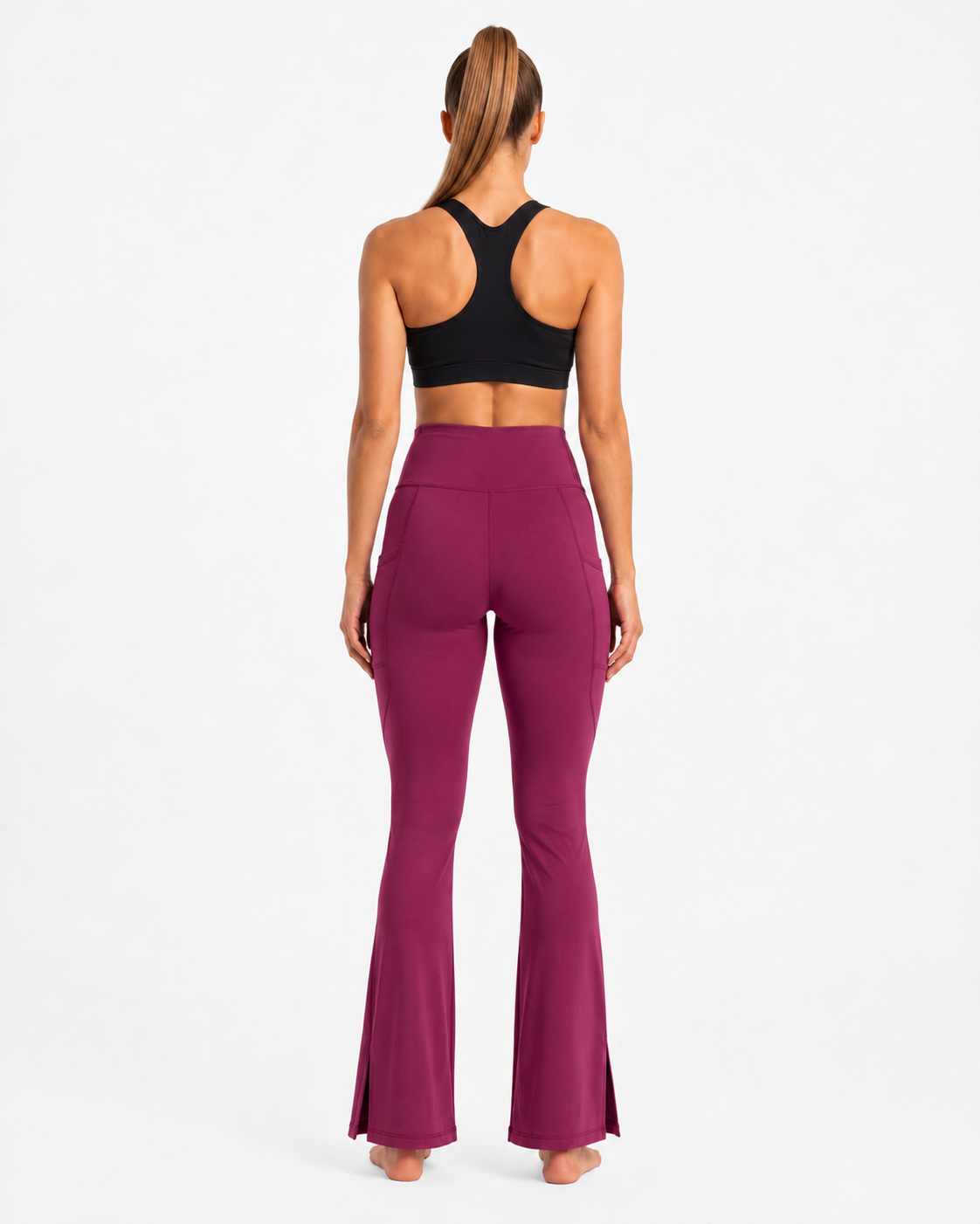 New York Laundry Women's High-Waisted Flare Yoga Pants with Side Pockets and Hem Slits, Purple