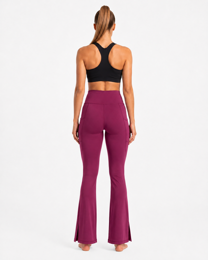 New York Laundry Women's High-Waisted Flare Yoga Pants with Side Pockets and Hem Slits, Purple