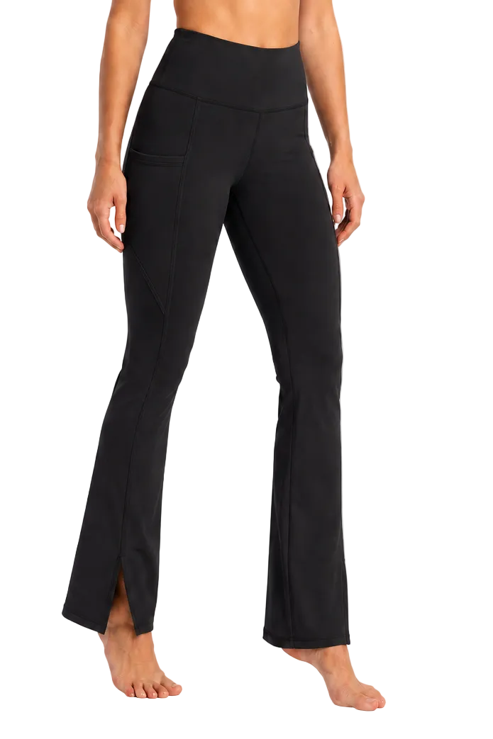 New York Laundry Women's High-Waisted Flare Yoga Pants with Side Pockets and Hem Slits, Jet Black