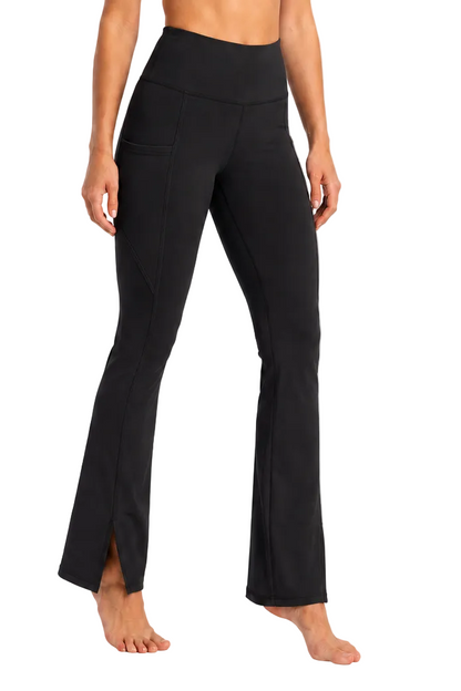 New York Laundry Women's High-Waisted Flare Yoga Pants with Side Pockets and Hem Slits, Jet Black