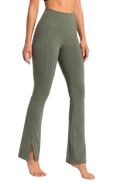 New York Laundry Women's High-Waisted Flare Yoga Pants with Side Pockets and Hem Slits, Olive Green