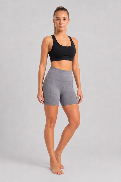 New York Laundry Women's 7-Inch High-Waisted Biker Shorts with Side Pockets, Heather Grey