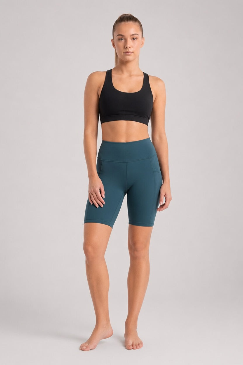 New York Laundry Women's 7-Inch High-Waisted Biker Shorts with Side Pockets, Teal / Dark Green