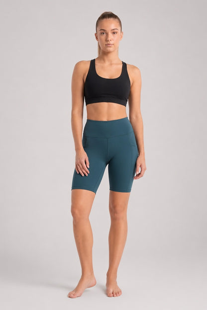 New York Laundry Women's 7-Inch High-Waisted Biker Shorts with Side Pockets, Teal / Dark Green
