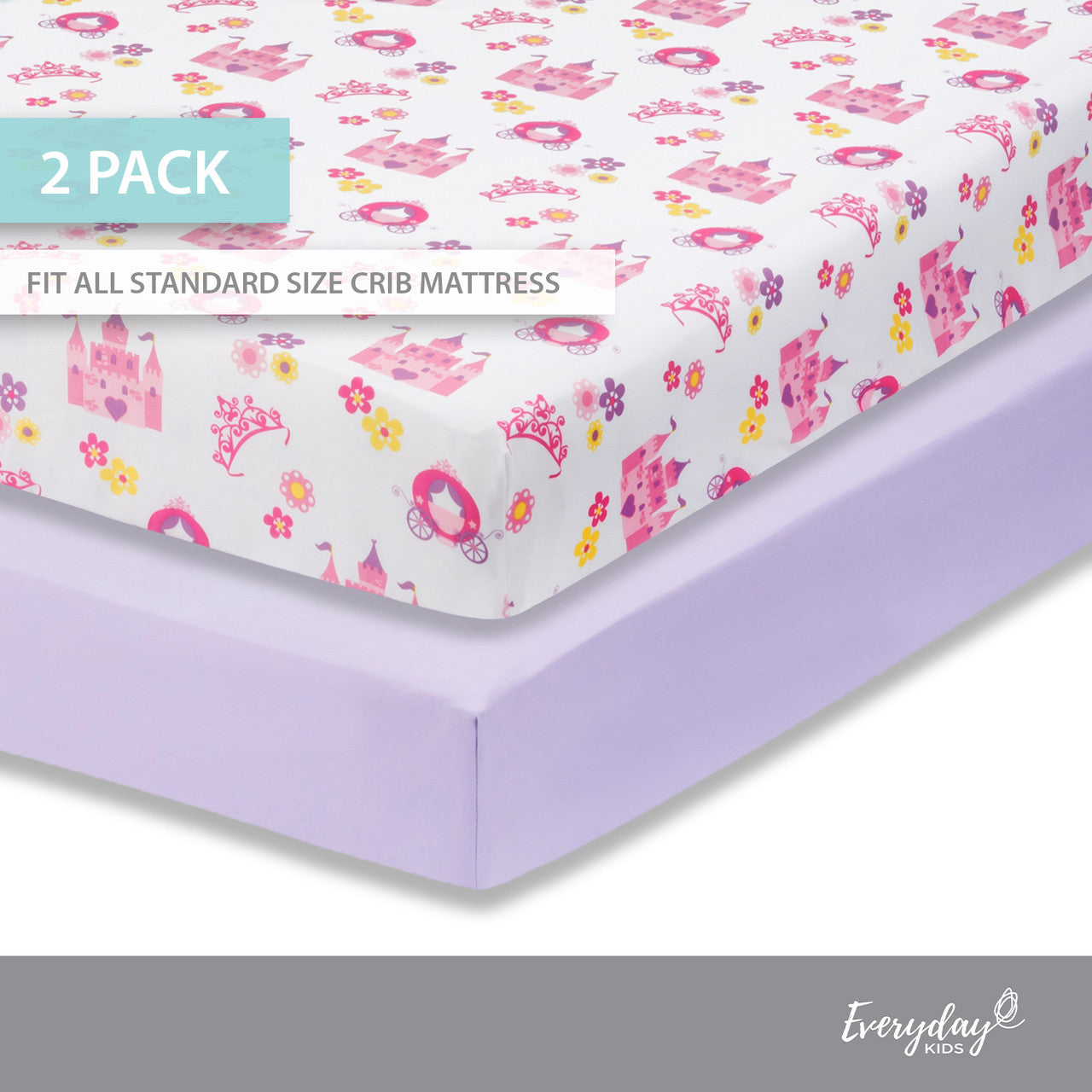 Everyday Kids 2 Pack Fitted Girls Crib Sheet - Princess/Lavender