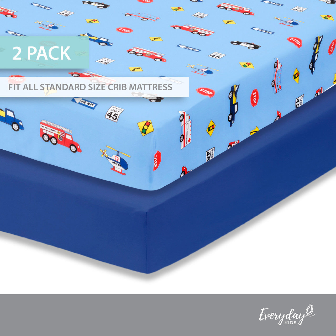 Everyday Kids 2 Pack Fitted Boys Crib Sheet - Rescue/Blue