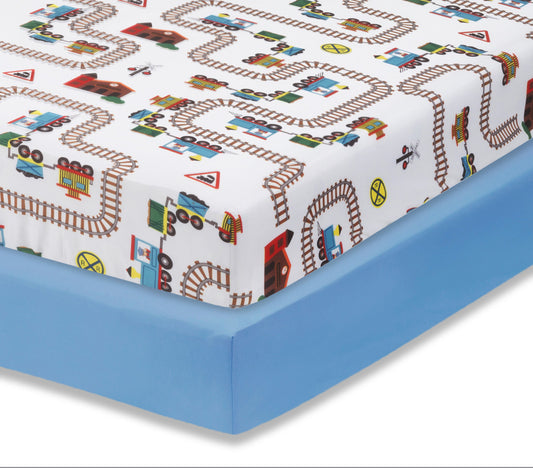 Everyday Kids 2 Pack Fitted Boys Crib Sheet - Train/Light Blue