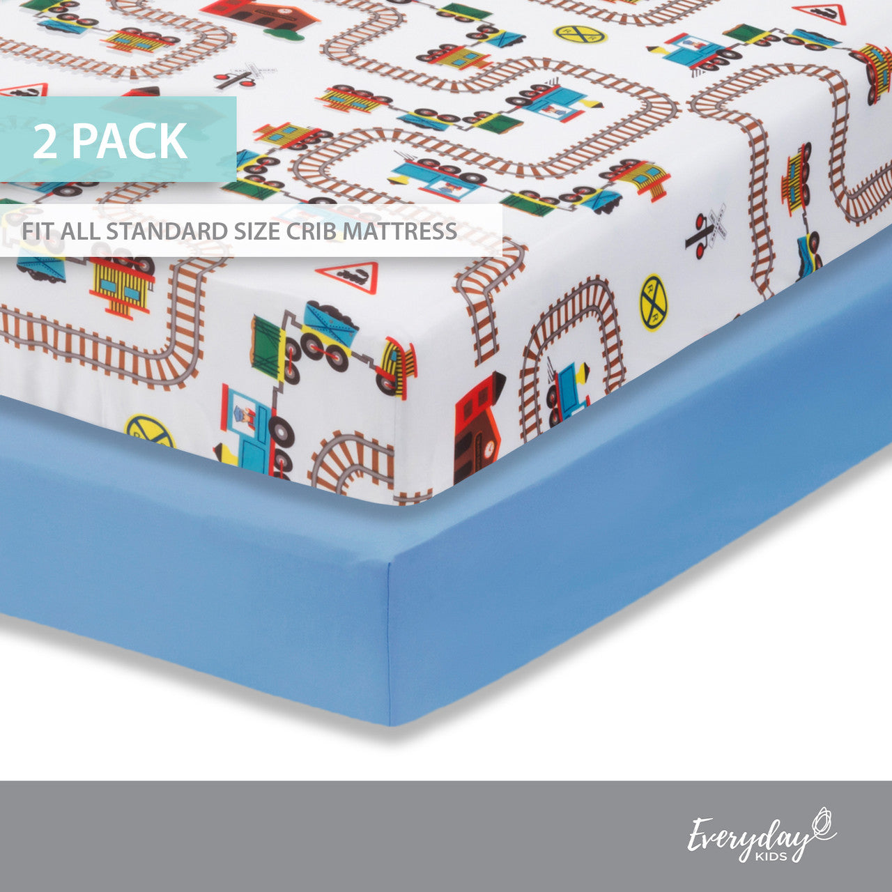 Everyday Kids 2 Pack Fitted Boys Crib Sheet - Train/Light Blue