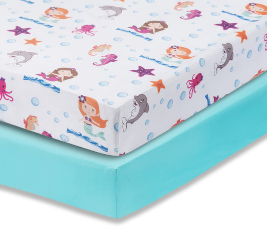 Everyday Kids 2 Pack Fitted Girls Crib Sheet - Mermaid/Aqua