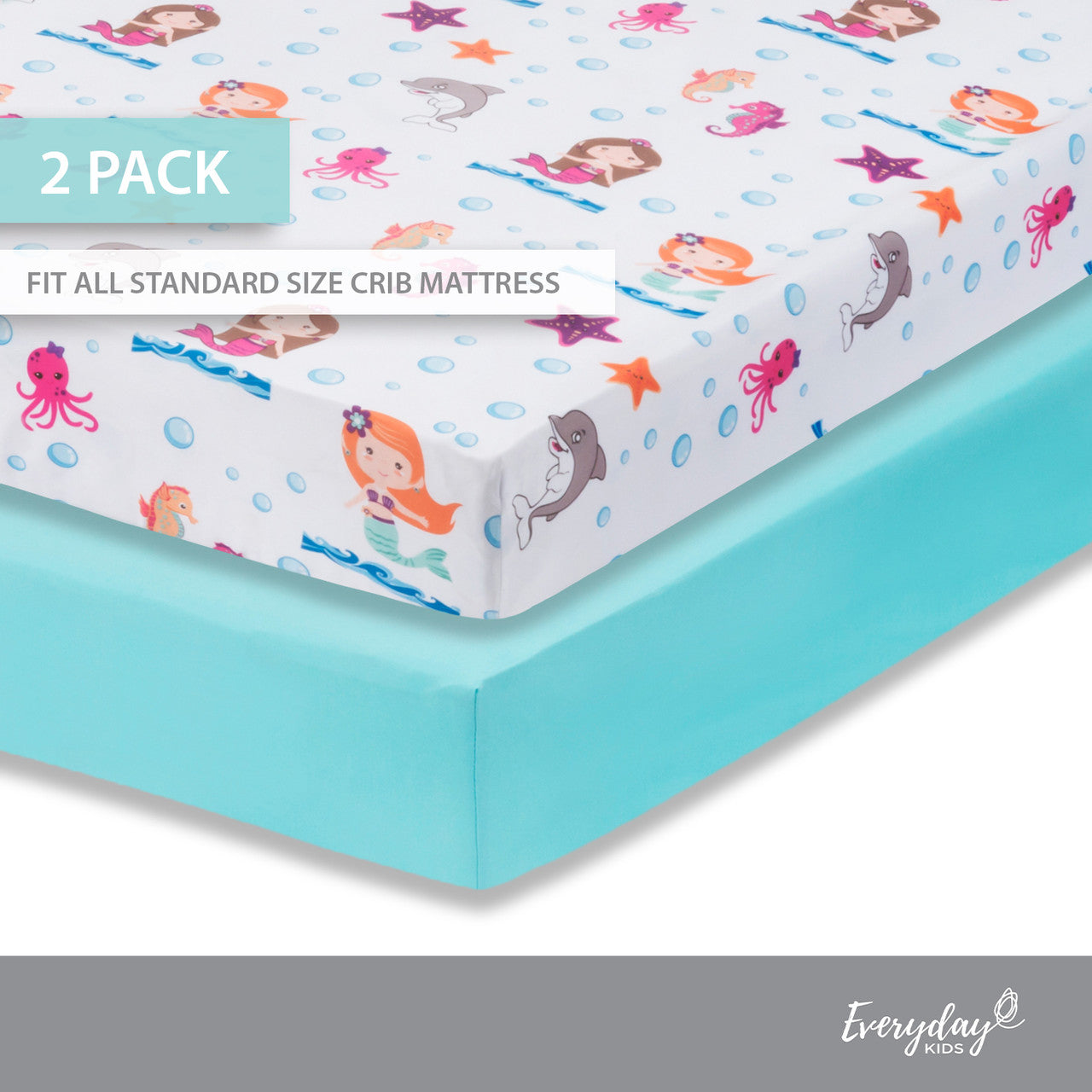 Everyday Kids 2 Pack Fitted Girls Crib Sheet - Mermaid/Aqua
