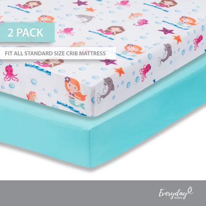 Everyday Kids 2 Pack Fitted Girls Crib Sheet - Mermaid/Aqua