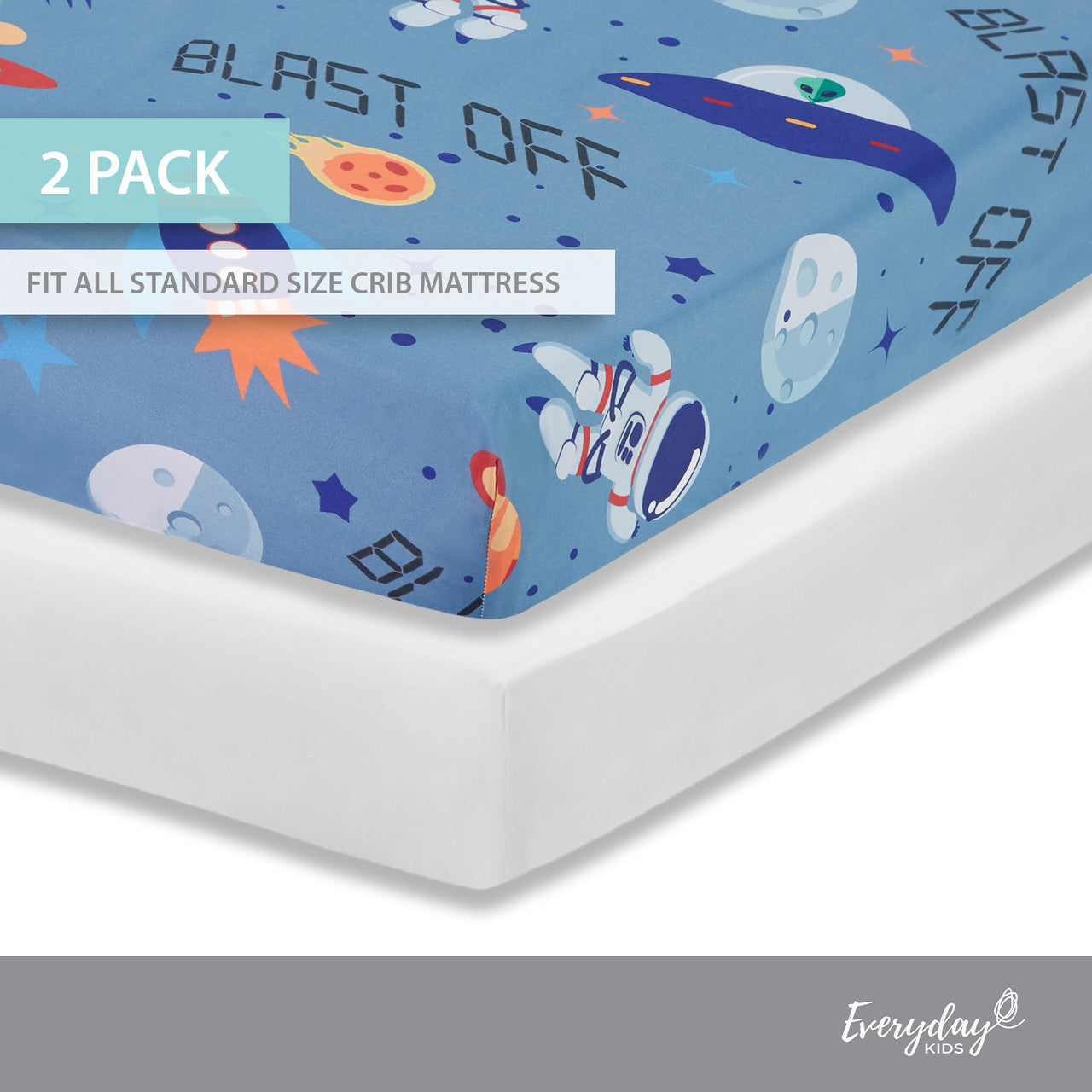 EVERYDAY KIDS 2-Pack Fitted Boys Crib Sheet - Space/White