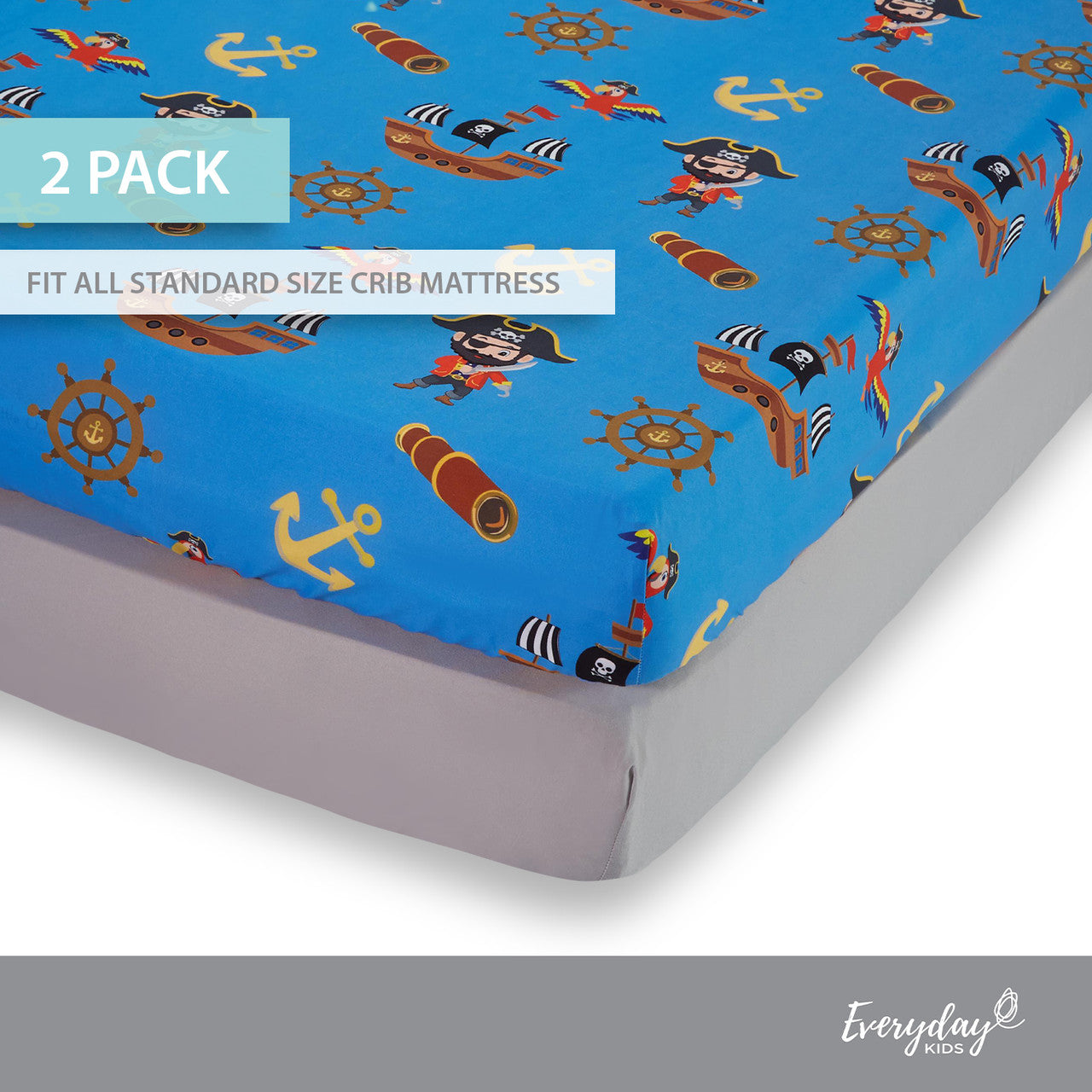 EVERYDAY KIDS 2 Pack Fitted Boys Crib Sheet - Pirates/Grey