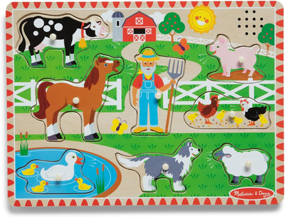 Melissa & Doug Old MacDonald’s Farm Song Puzzle, 8-Piece Wooden Peg Puzzle with Light-Activated Sounds, Musical Learning Toy for Toddlers Ages 2+