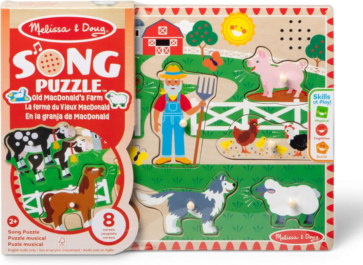 Melissa & Doug Old MacDonald’s Farm Song Puzzle, 8-Piece Wooden Peg Puzzle with Light-Activated Sounds, Musical Learning Toy for Toddlers Ages 2+