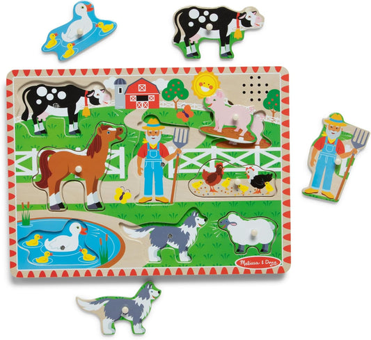 Melissa & Doug Old MacDonald’s Farm Song Puzzle, 8-Piece Wooden Peg Puzzle with Light-Activated Sounds, Musical Learning Toy for Toddlers Ages 2+