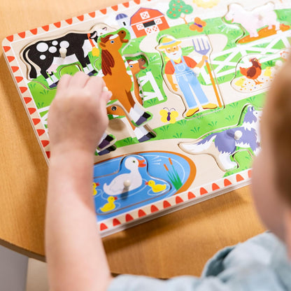 Melissa & Doug Old MacDonald’s Farm Song Puzzle, 8-Piece Wooden Peg Puzzle with Light-Activated Sounds, Musical Learning Toy for Toddlers Ages 2+