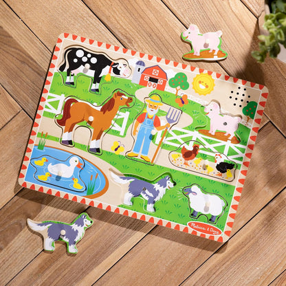 Melissa & Doug Old MacDonald’s Farm Song Puzzle, 8-Piece Wooden Peg Puzzle with Light-Activated Sounds, Musical Learning Toy for Toddlers Ages 2+
