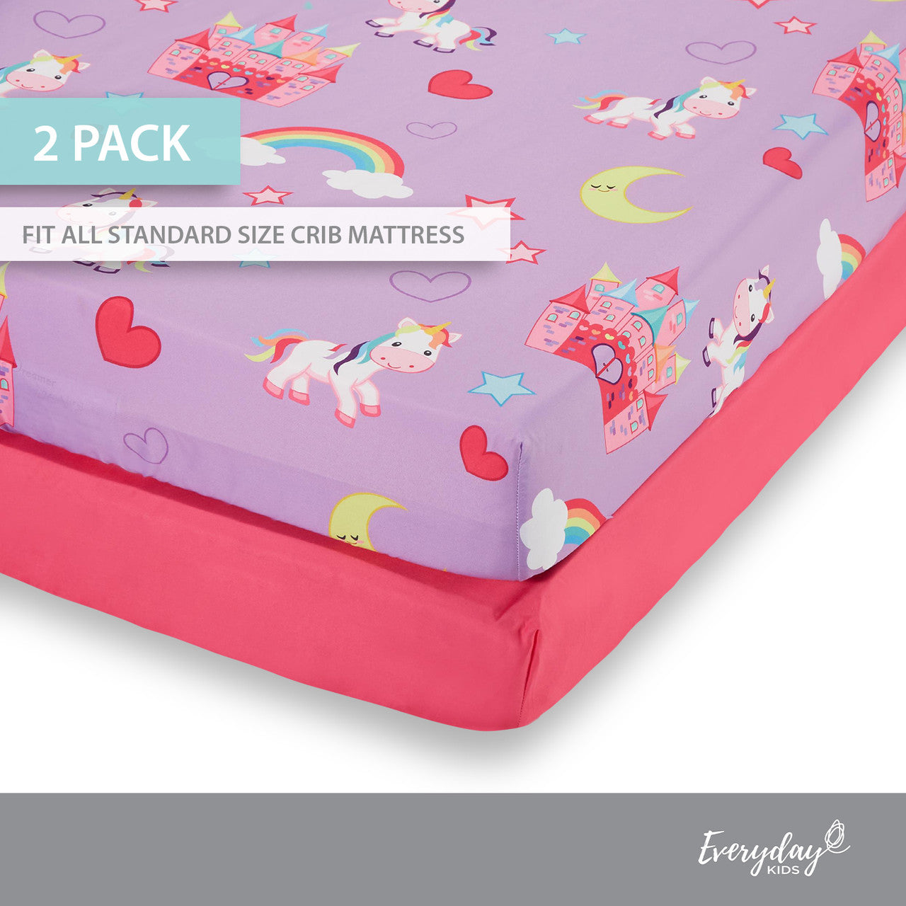 EVERYDAY KIDS 2 Pack Fitted Girls Crib Sheet - Unicorn/Hot Pink