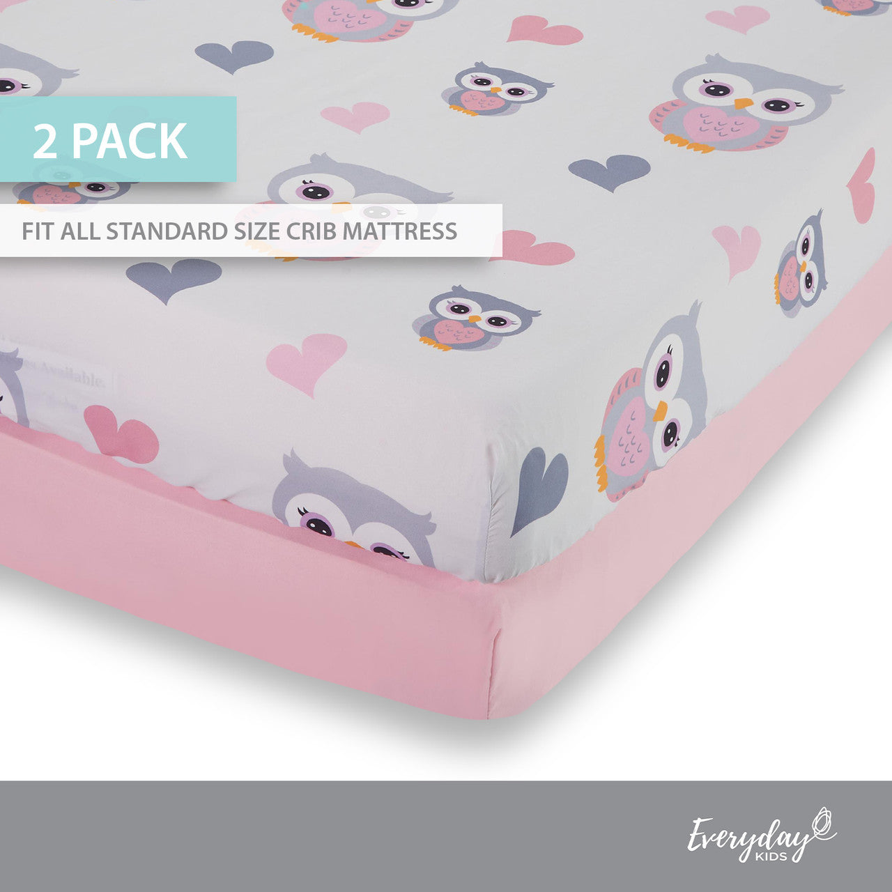 EVERYDAY KIDS 2 Pack Fitted Girls Crib Sheet - Sweet Owls/Pink
