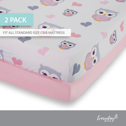 EVERYDAY KIDS 2 Pack Fitted Girls Crib Sheet - Sweet Owls/Pink