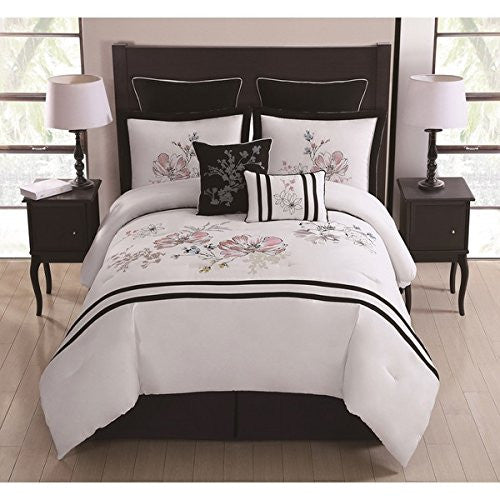 8 Piece Morning Bloom Black/White/Pink Comforter Set Cal King