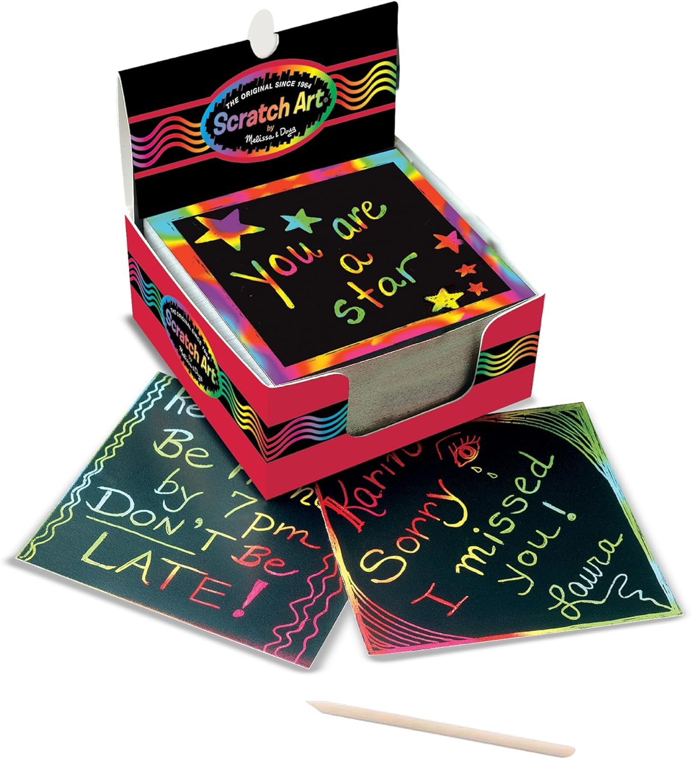 Melissa & Doug Scratch Art Rainbow Mini Notes, 125 Count with Wooden Stylus, Scratch-Off Drawing Activity for Kids