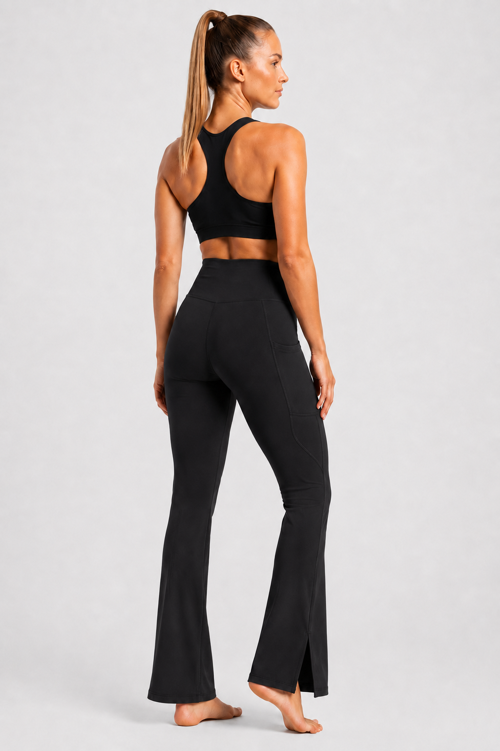 New York Laundry Women's High-Waisted Flare Yoga Pants with Side Pockets and Hem Slits, Jet Black