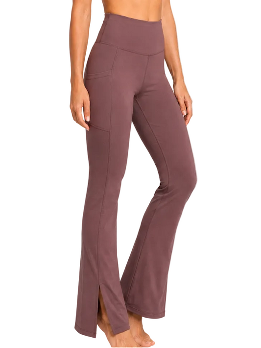 New York Laundry Women's High-Waisted Flare Yoga Pants with Side Pockets and Hem Slits, Mauve / Brown