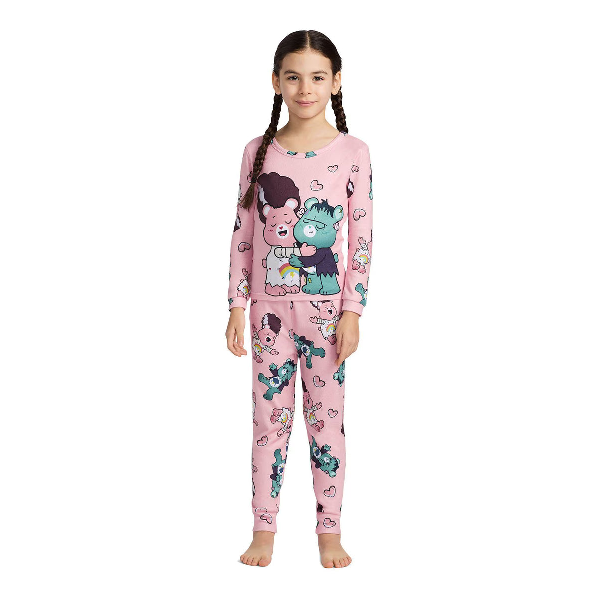Care Bears Toddler Girls Pink Long Sleeve Pajama Set with Frankenstein and Bride Bear Print Top and Jogger Pants