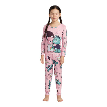 Care Bears Toddler Girls Pink Long Sleeve Pajama Set with Frankenstein and Bride Bear Print Top and Jogger Pants