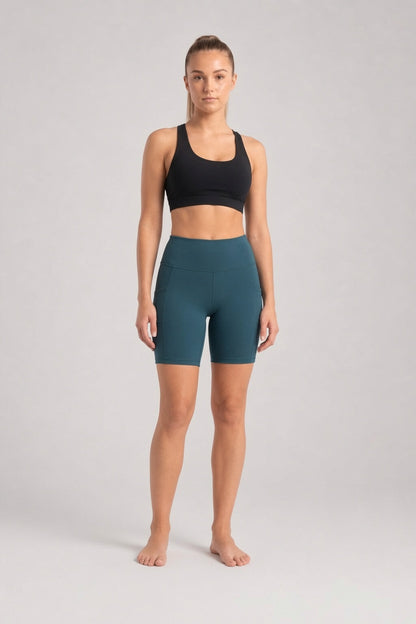 New York Laundry Women's 7-Inch High-Waisted Biker Shorts with Side Pockets, Teal / Dark Green