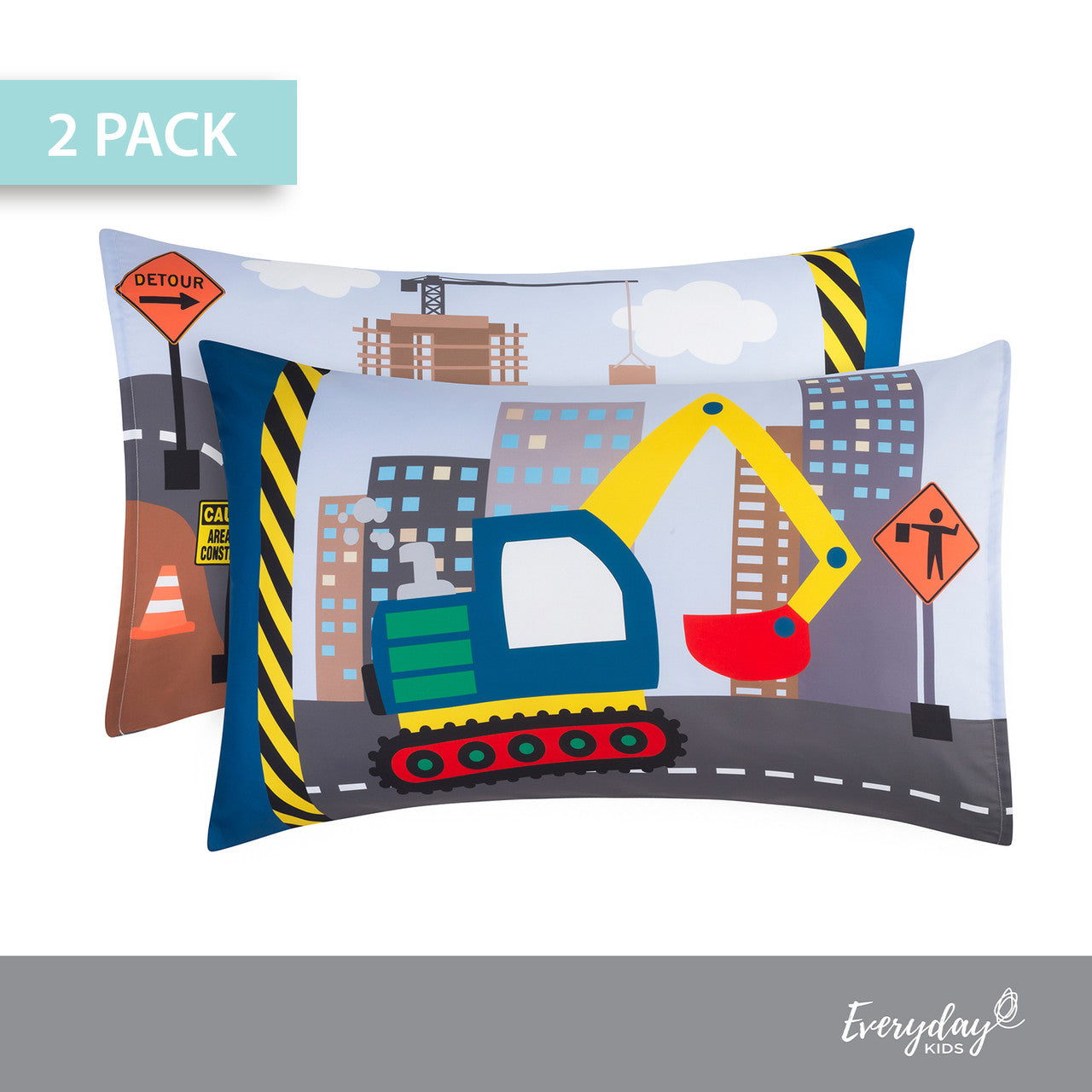 EVERYDAY KIDS Construction 2 Pack Pillowcase Set