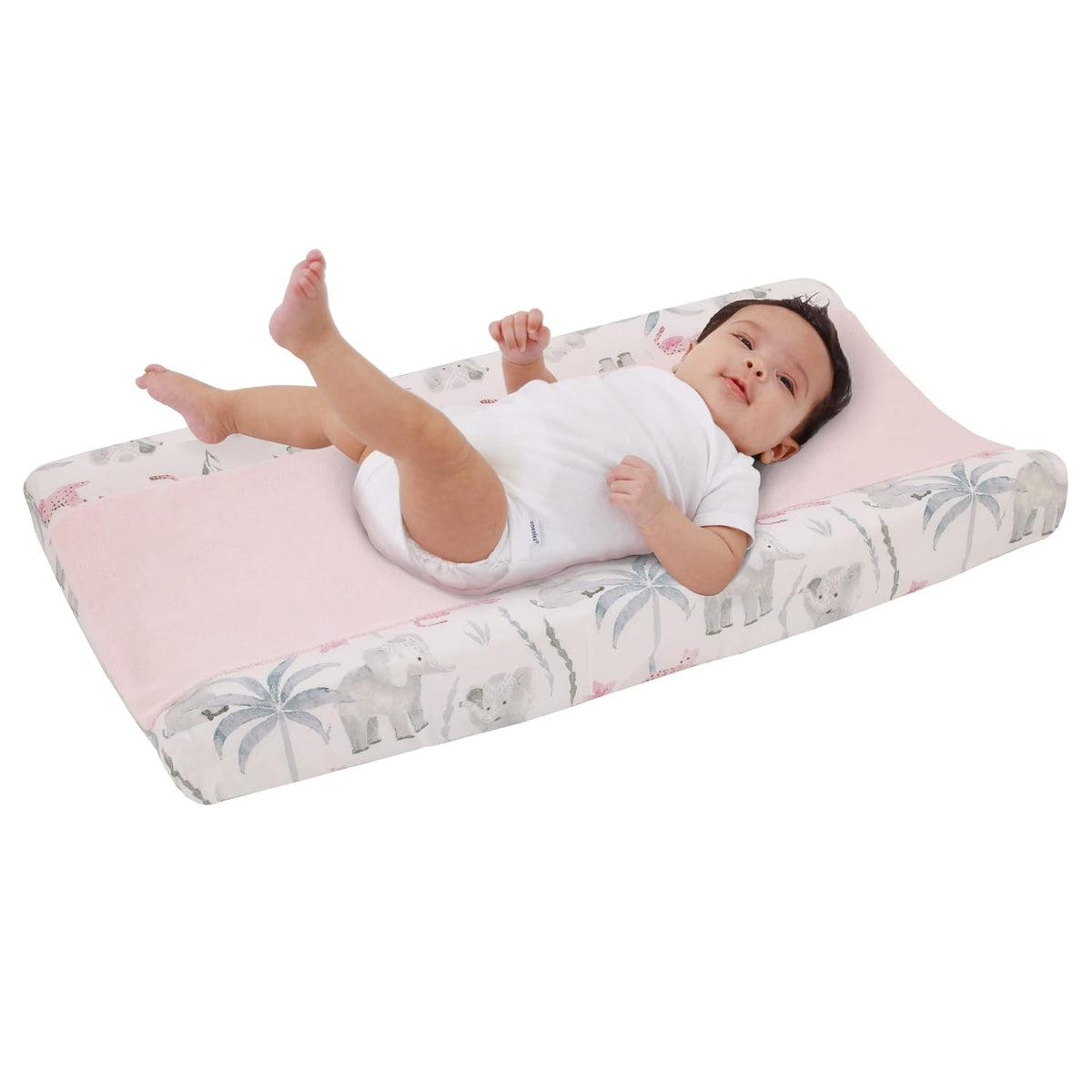 NoJo Tropical Princess Super Soft Changing Pad Cover, Jungle Elephant, Leopard & Palm Plush Diaper Pad Cover, Blush Pink & Grey